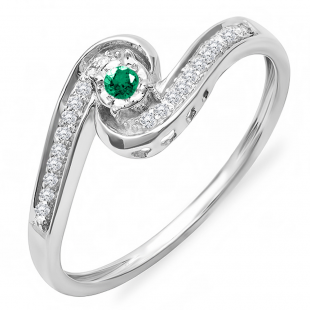 0.15 Carat (ctw) 18k White Gold Round Green Emerald And White Diamond Ladies Swirl Promise Engagement Ring