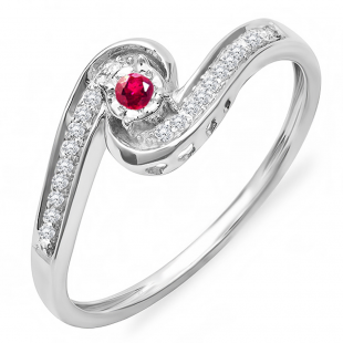 0.15 Carat (ctw) 18k White Gold Round Ruby And White Diamond Ladies Swirl Promise Engagement Ring