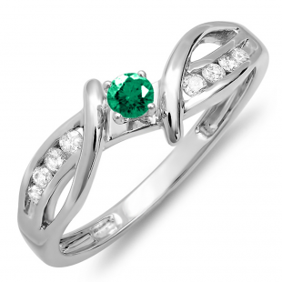 0.25 Carat (ctw) 10k White Gold Round Green Emerald And White Diamond Crossover Split Shank Ladies Bridal Promise Engagement Ring 1/4 CT