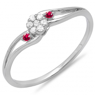 0.10 Carat (ctw) 18k White Gold Round Ruby And White Diamond Ladies Bridal Swirl Split Shank Cluster Promise Ring 1/10 CT
