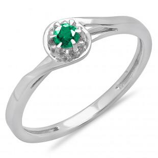 0.12 Carat (ctw) 10K White Gold Round Cut Green Emerald Ladies Twisted Style Solitaire Bridal Promise Ring