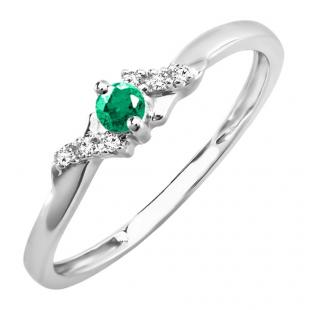 0.18 Carat (ctw) 18k White Gold Round Green Emerald And White Diamond Ladies Bridal Promise Engagement Ring