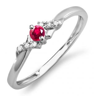 0.18 Carat (ctw) 10k White Gold Round Ruby And White Diamond Ladies Bridal Promise Engagement Ring