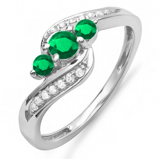 1.00 Carat (ctw) 14k White Gold Round Green Emerald And White Diamond Ladies Swirl Engagement 3 Stone Bridal Ring 1 CT