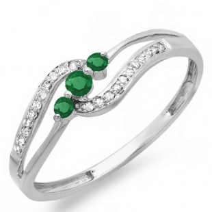 0.20 Carat (ctw) 10k White Gold Round Green Emerald And White Diamond Ladies 3 stone Engagement Promise Ring 1/5 CT