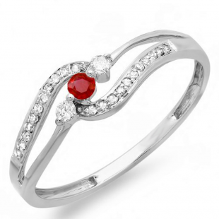0.20 Carat (ctw) 10k White Gold Round Ruby And White Diamond Ladies 3 stone Engagement Promise Ring 1/5 CT