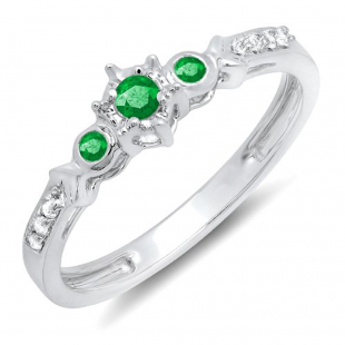 0.20 Carat (ctw) 14k White Gold Round Green Emerald And White Diamond 3 Stone Ladies Bridal Engagement Promise Ring 1/5 CT