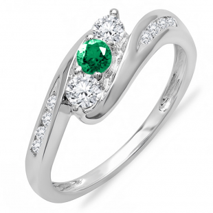 0.50 Carat (ctw) 14k White Gold Round White Diamond And Green Emerald Ladies Swirl Engagement 3 Stone Bridal Ring 1/2 CT