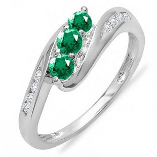 0.50 Carat (ctw) 18k White Gold Round White Diamond And Green Emerald Ladies Swirl Engagement 3 Stone Bridal Ring 1/2 CT