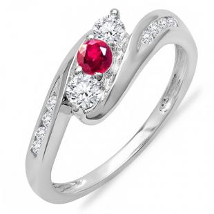 0.50 Carat (ctw) 14k White Gold Round White Diamond And Ruby Ladies Swirl Engagement 3 Stone Bridal Ring 1/2 CT