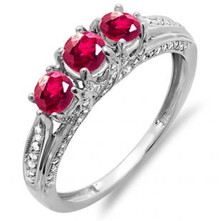 1.00 Carat (ctw) 18k White Gold Round White Diamond And Ruby Ladies Vintage Bridal 3 Stone Engagement Ring