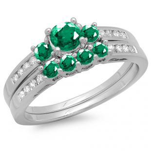 1.15 Carat (ctw) 10k White Gold Round Green Emerald & White Diamond Ladies Bridal Engagement Ring Matching Band Set