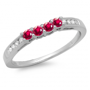 10k White Gold Round Red Ruby & White Diamond Ladies Bridal Wedding Band