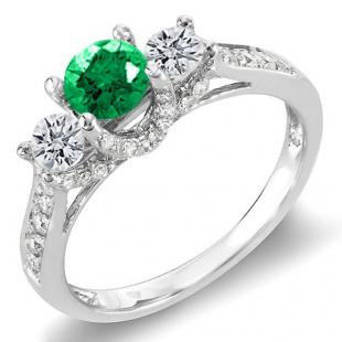 1.00 Carat (ctw) 14k White Gold Round White Diamond And Green Emerald 3 Stone Ladies Bridal Engagement Ring 1 CT