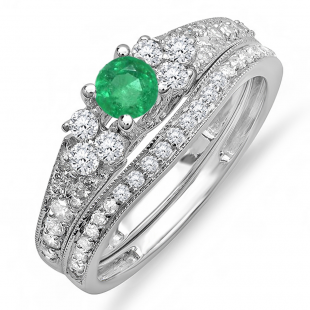 1.00 Carat (ctw) 18k White Gold Round Green Emerald And White Diamond Ladies Bridal Engagement Ring Matching Band Set 1 CT