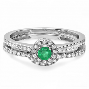 0.45 Carat (ctw) 18k White Gold Round Green Emerald And White Diamond Ladies Halo Style Bridal Engagement Ring Matching Band Set 1/2 CT