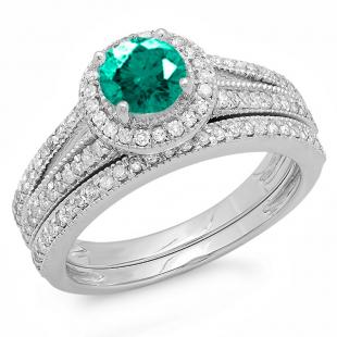 1.25 Carat (ctw) 14k White Gold Round Green Emerald And White Diamond Ladies Split Shank Halo Style Bridal Engagement Ring Set With Matching Band 1 1/4 CT