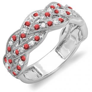 0.58 Carat (ctw) 10k White Gold Round White Diamond & Ruby Ladies Anniversary Wedding Matching Band Stackable Swirl Ring 1/2 CT