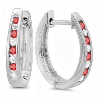 0.20 Carat (ctw) 10K White Gold Round White Diamond And Ruby Ladies Hoop Earrings 1/5 CT
