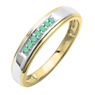 0.12 Carat (ctw) 18K Yellow Gold Plated Sterling Silver Round Green Emerald Men's Seven Stone Wedding Band