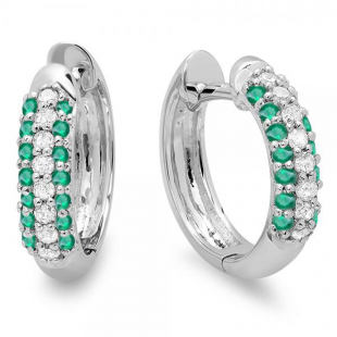0.30 Carat (ctw) 10k White Gold Round Green Emerald & White Diamond Ladies Pave Set Huggies Hoop Earrings 1/3 CT