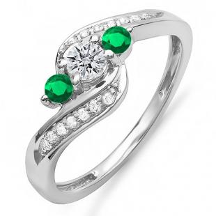 0.50 Carat (ctw) 10k White Gold Round Green Emerald And White Diamond Ladies Swirl Engagement 3 Stone Bridal Ring 1/2 CT