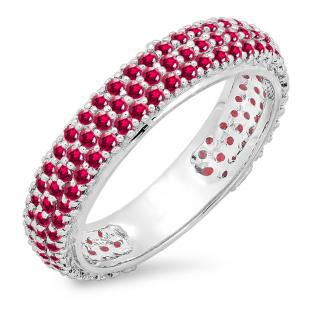 1.30 Carat (ctw) 14K White Gold Round Ruby Ladies Pave Set Anniversary Wedding Eternity Ring Band 1 1/3 CT