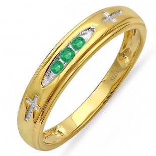 0.15 Carat (ctw) 18K Yellow Gold Plated Sterling Silver 3 Stone Round Green Emerald Cross Design Men's Band Ring