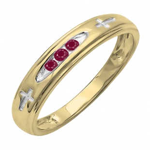 0.15 Carat (ctw) 18K Yellow Gold Plated Sterling Silver 3 Stone Round Ruby Cross Design Men's Band Ring