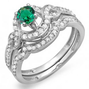 0.75 Carat (ctw) 14k White Gold Round Green Emerald And White Diamond Ladies Swirl Bridal Halo Engagement Ring Matching Band Set 3/4 CT