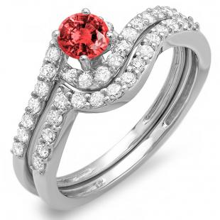 0.85 Carat (ctw) 18k White Gold Round Ruby And White Diamond Ladies Swirl Bridal Engagement Ring Matching Band Set