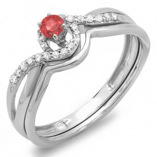 0.25 Carat (ctw) 18k White Gold Round Ruby And White Diamond Ladies Swirl Crossover Bridal Engagement Ring Matching Band Set 1/4 CT
