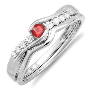 0.25 Carat (ctw) 18k White Gold Round Ruby And White Diamond Ladies Bridal Promise Engagement Wedding Set Ring with Matching Band 1/4 CT