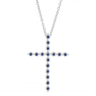 Round Blue Sapphire Cross Pendant with Silver Chain in 925 Sterling Silver