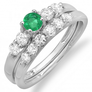 1.00 Carat (ctw) 14k White Gold Round Green Emerald And White Diamond Ladies Bridal 5 Stone Engagement Ring Matching Band Wedding Set 1 CT