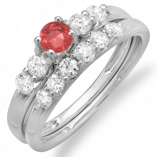 1.00 Carat (ctw) 14k White Gold Round Ruby And White Diamond Ladies Bridal 5 Stone Engagement Ring Matching Band Wedding Set 1 CT