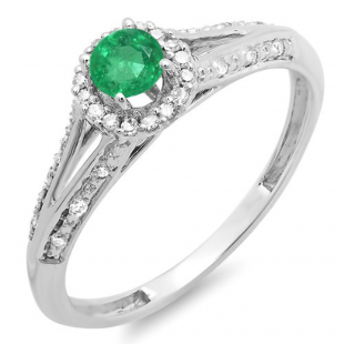 0.40 Carat (ctw) 14k White Gold Round Green Emerald And White Diamond Ladies Engagement Halo Style Split Shank Bridal Ring