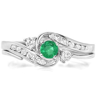 0.50 Carat (ctw) 18k White Gold Round Green Emerald And White Diamond Ladies Swirl Bridal Engagement Ring Matching Band Set 1/2 CT