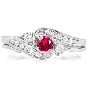 0.50 Carat (ctw) 18k White Gold Round Ruby And White Diamond Ladies Swirl Bridal Engagement Ring Matching Band Set 1/2 CT