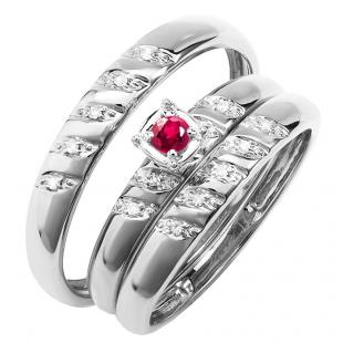 0.08 Carat (ctw) 10K White Gold Round White Diamond And Red Ruby Men & Women's Diamond Ring Trio Set