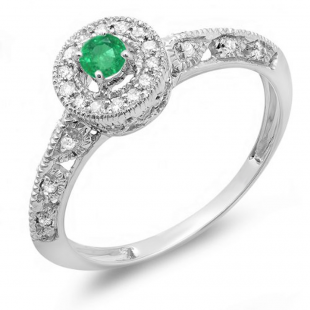 0.38 Carat (Ctw) 18k White Gold Round Green Emerald And White Diamond Bridal Halo Style Engagement Ring Milgrain
