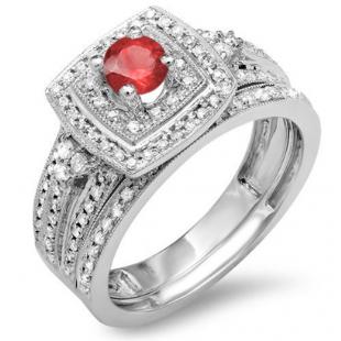 0.75 Carat (ctw) 18k White Gold Round Ruby And White Diamond Ladies Bridal Engagement Ring Set with Matching Band 3/4 CT