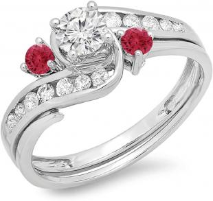 0.90 Carat (ctw) 18k Rose Gold Round Garnet And White Diamond Ladies Swirl Bridal Engagement Ring Matching Band Set