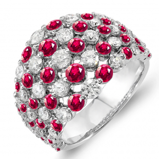 3.25 Carat (ctw) 18k White Gold Real Round White Diamond & Red Ruby Ladies Cocktail Right Hand Ring 3 1/4 CT