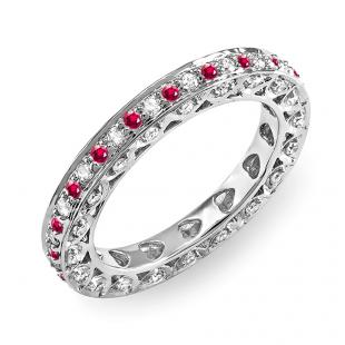 1.00 Carat (ctw) 18k White Gold Round White Diamond & Ruby Eternity Anniversary Wedding Band Stackable Ring 1 CT
