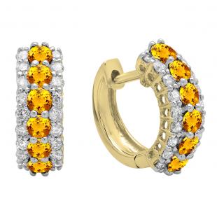 Round Citrine & White Diamond Ladies Huggies Hoop Earrings 14K Yellow Gold