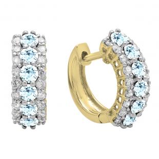 Round Aquamarine & White Diamond Ladies Huggies Hoop Earrings 14K Yellow Gold