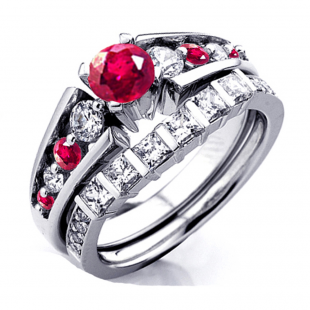 1.75 Carat (ctw) 14k White Gold Princess & Round White Diamond And Red Ruby Ladies Bridal Ring Set Engagement Set 1 3/4 CT