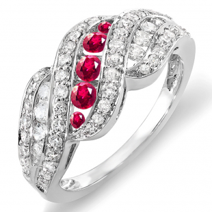 1.00 Carat (ctw) 14k White Gold Round White Diamond And Ruby Ladies Cocktail Right Hand Ring 1 CT
