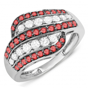 1.05 Carat (ctw) 14k White Gold Round Ruby & White Diamond Ladies Cocktail Right Hand Ring 1 CT